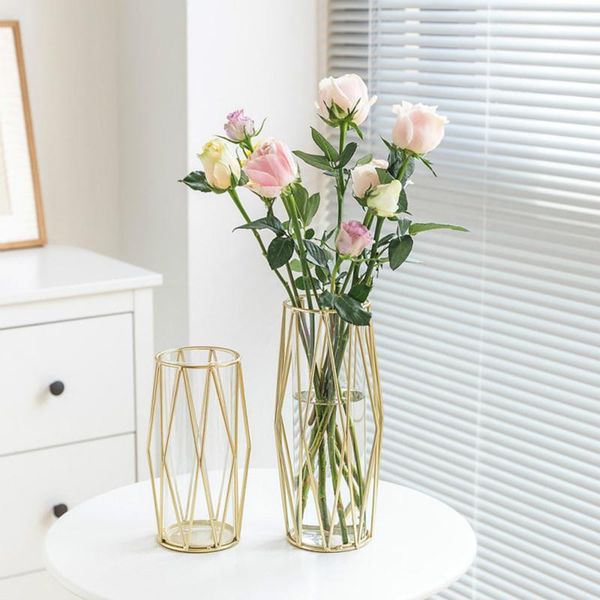

vases luxury transparent glass with metal golden small vase geometric hydroponic home room flower decoration ornaments gift