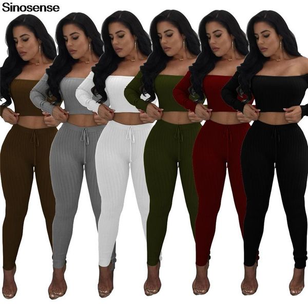 

women's two piece set 2 outfits ribbed off shoulder crop skinny pants knit sets 2021 strench sportswear tracksuit, White