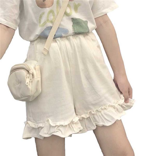 

women's shorts womens summer vintage ruffles kawaii female elastic high waist japanese cute girls fashion casual black wide leg af, White;black