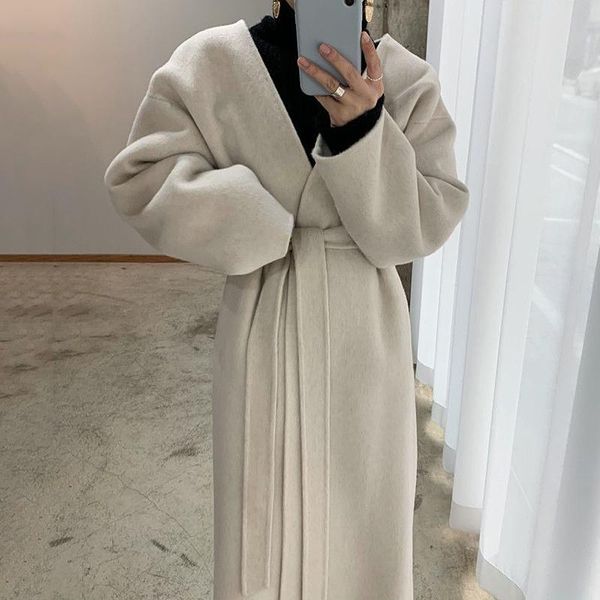 

women's wool & blends korean women jacket woolen double-sided chic autumn and winter french v-neck loose waist over knee medium long, Black