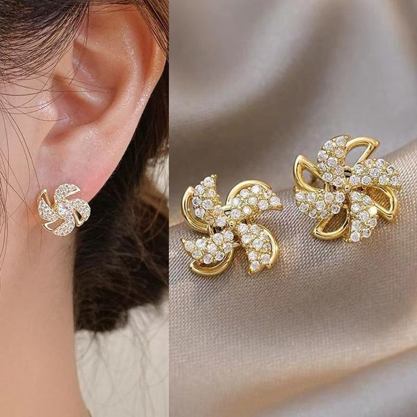 

stud 2021 creativity rotating windmill earrings korean fashion gold micro-zircon for women girl's unusual jewelry, Golden;silver