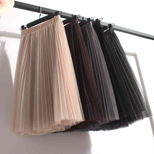 

casual dresses gray / pink /coffee three-layer tulle skirts womens mesh knee length pleated tutu elastic high wais puffy mid, Black;gray