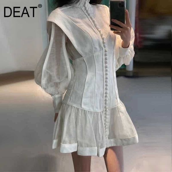 

[deat] spring summer fashion single-breasted stand-up collar high waist long sleeve white loose dress women 13q045 210527, Black;gray