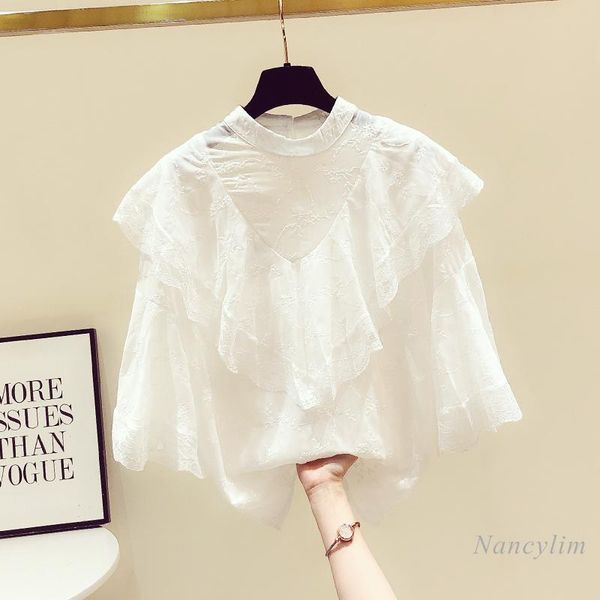 

white pullover shirt women 2021 pring clothes fashion lace chiffon blouse girls ladies stand collar loose bell sleeve women's blouses &