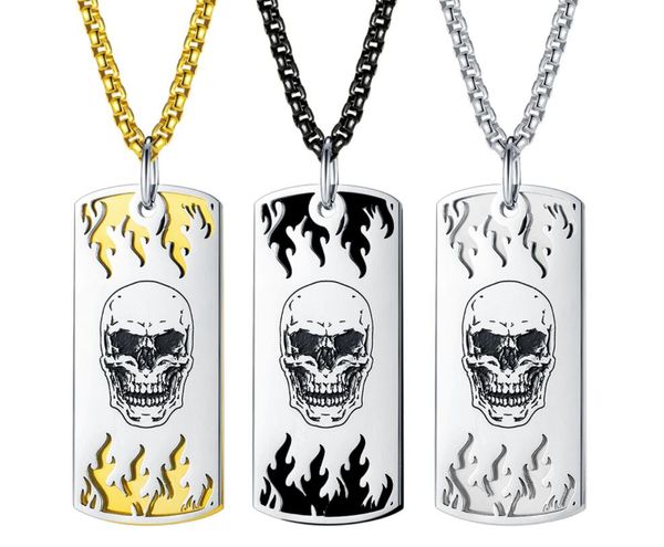 

stainless steel dog tags flame skull necklaces for men's pendant rolo chain 3mm 24 inch black silver gold jewelry