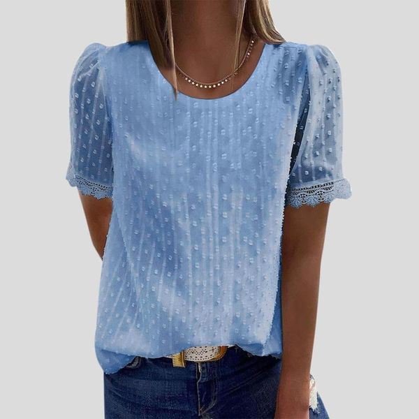 

women's blouses & shirts vintage tunic elegant round neck short sleeve solid color lace ladies summer streetwear tee, White