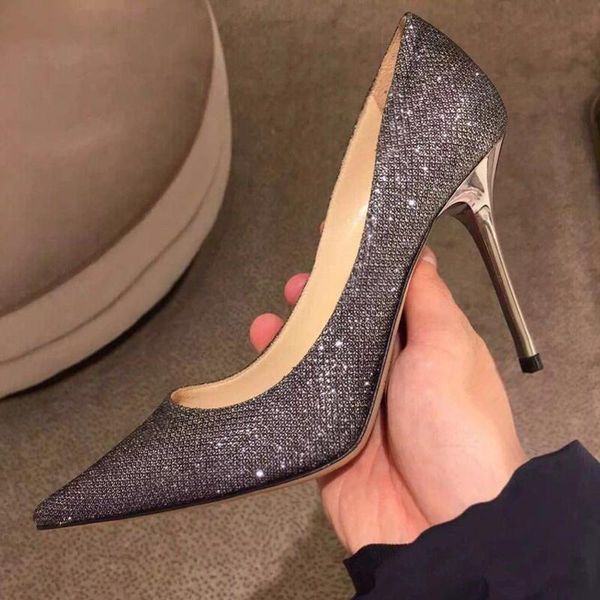 

dress shoes celebrity silver pointy toe 10cm high heels stiletto ladies pumps slip-on banquet glitter bridal party wedding, Black
