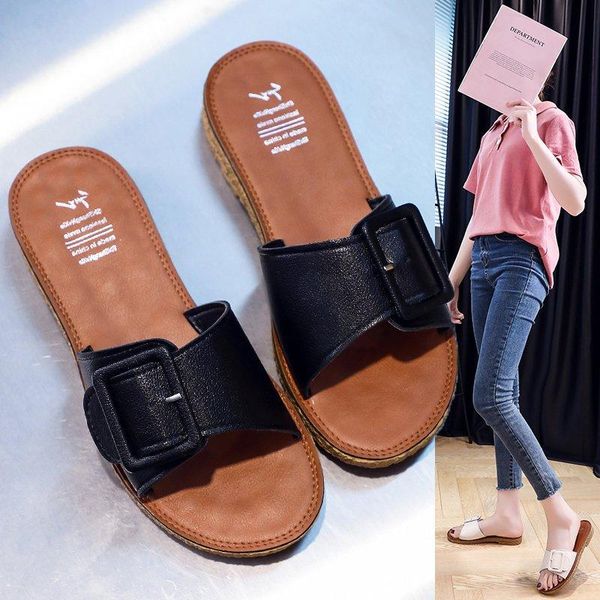 

slippers low buckle strap hoof heels pu rubber fabric basic, Black