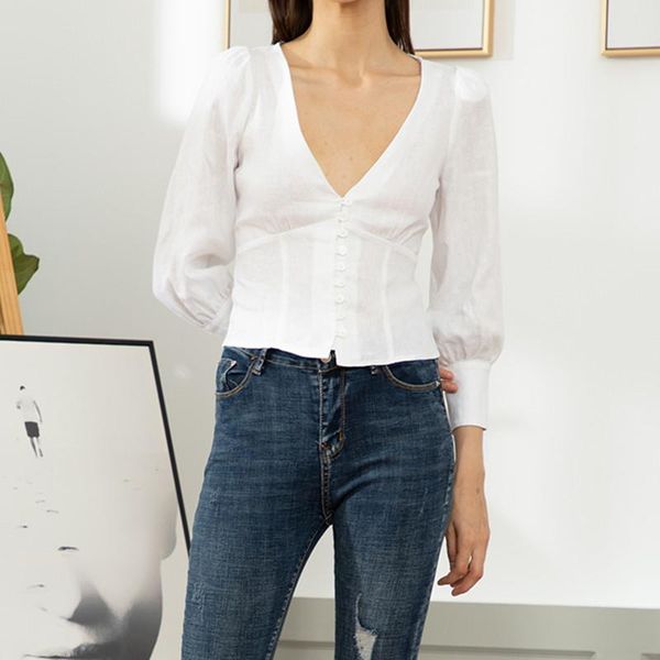 

women's blouses & shirts womens deep v-neck women blouse slim waist sweet sing-breasted office wear lady shirt and clothes, White