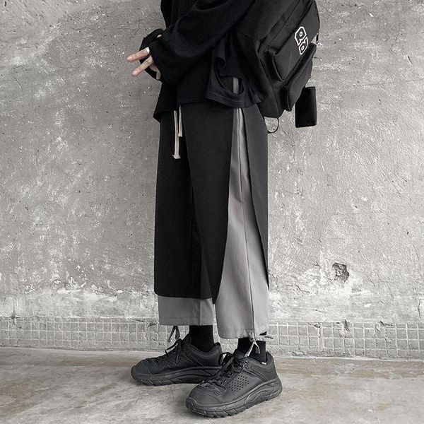 

men's pants fake two-piece fattening plus size trend korean straight versatile loose overalls autumn casual, Black
