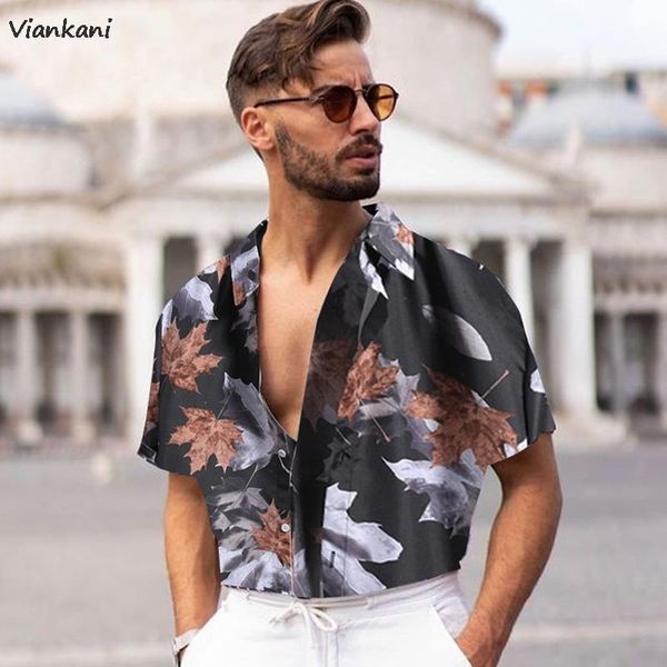 

men's casual shirts vintage button turn-down collar men fashion printing cardigan 2021 summer short sleeve mens blouse, White;black
