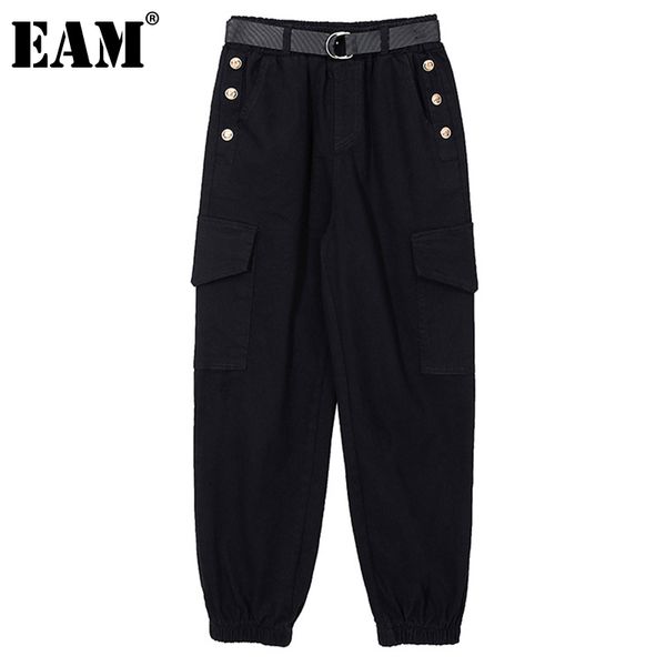 

[eam] high elastic waist apricot waistband rivet trousers loose fit pants women fashion spring autumn 1dd6633 210512, Black;white
