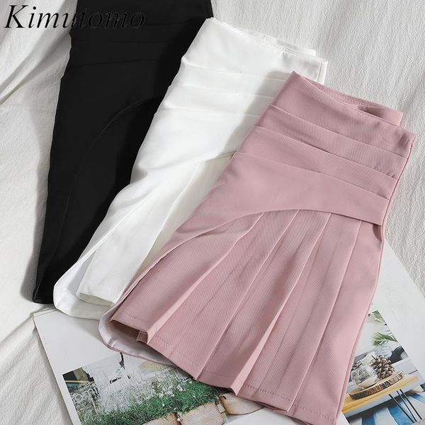 

skirts kimutomo irregular pleated skirt women 2021 summer slim high waist korean fashion female solid elegant mini casual, Black