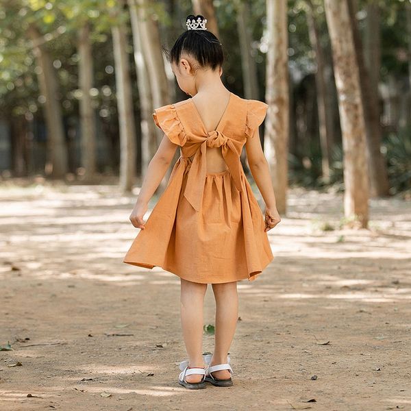 

summer toddler princess dress kids causal backless dress ruffles pure color baby girl clothing korean style pink fashion costume, Red;yellow