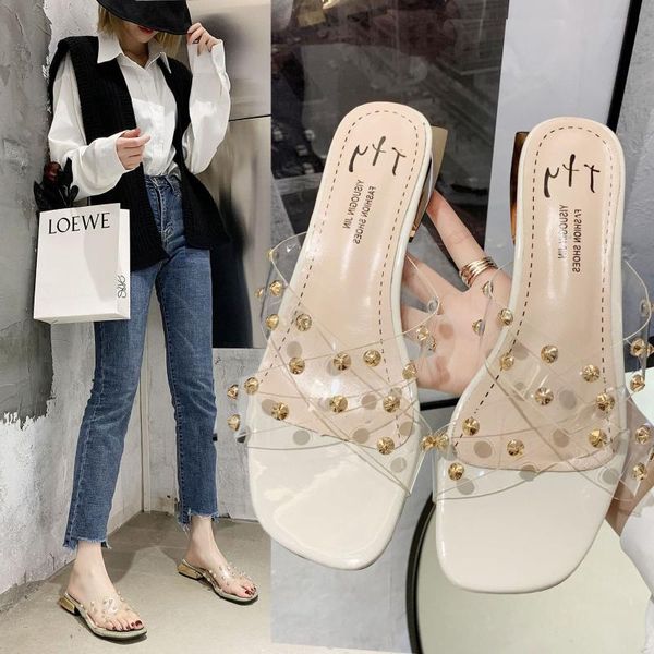 

slippers outside women's shoes the summer coarse-heeled transparent cross-riveted medium-heeled of 2021 slides women, Black