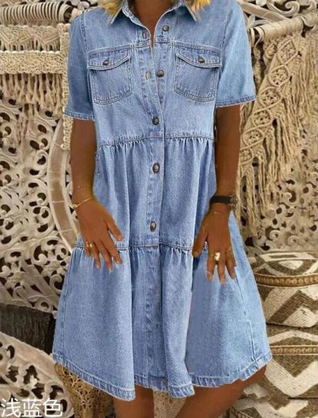 

sleeve casual dresses short button multi pocket denim dress, Black;gray