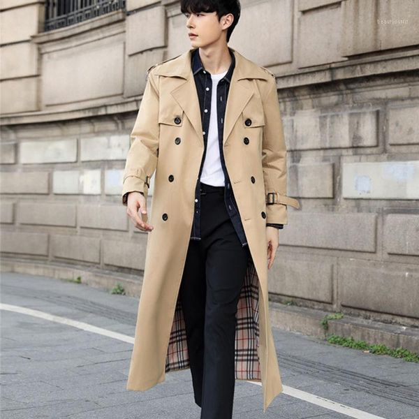 

windbreaker men's long trend british style coat spring and autumn handsome over the knee trench coats, Tan;black