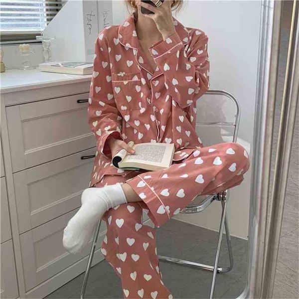 

sweet soft chic loose cardigans printed hearts all match homewear fashion nightwear two piece suit pajamas sets 210525, Black;red