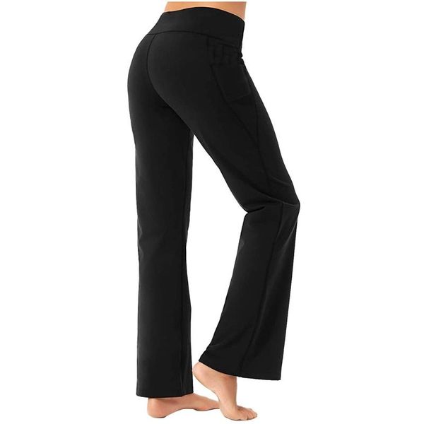 

yoga outfit pants women's pure color high waist pocket sports fitness wide leg exercise leggings activewear