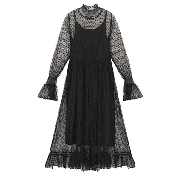 

casual dresses spring mesh lace women party embroidery female vintage polka dot dress plus size vestidos, Black;gray