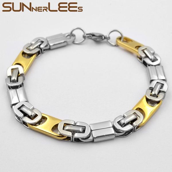 

link, chain sunnerlees jewelry stainless steel bracelet 8mm geometric byzantine box link silver color gold plated men women gift sc132, Black