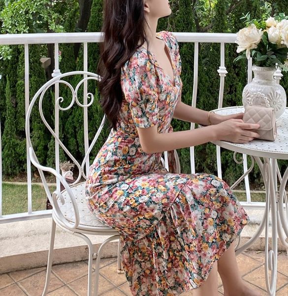 

women chiffon dress 2021 summer fashion female short sleeve vintage printed floral casual dresses v-neck a-line vestidos, Black;gray