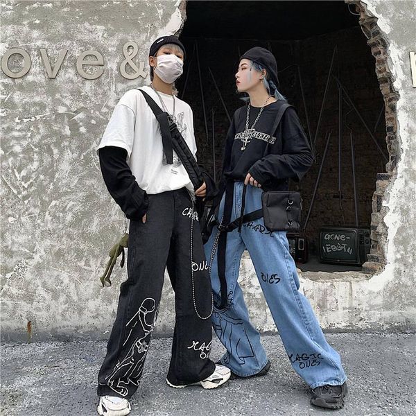 

summer vintage jeans woman long trousers cowboy female oversized streetwear cartoon print pants harajuku amine women's, Blue