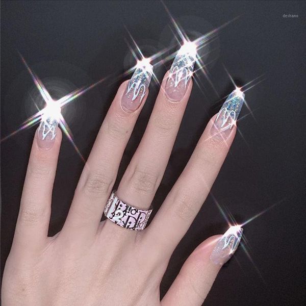

the arrival with glu long nail art patch silver flash laser flame finished waterproof repeated use fake nails1, Red;gold
