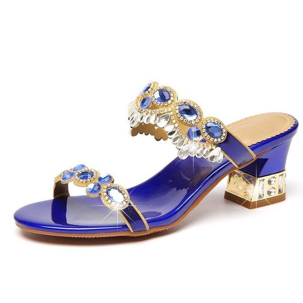 

category} new slippers woman summer rhinestones fashion square high heels shoes ladies brand wedges slides hollow women's c0043, Black