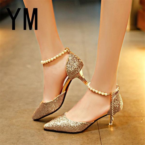 

dress shoes 2021 pointed toe pearl high heels female fashion hollow sandals paillette of the thin glod breathable women pumps, Black
