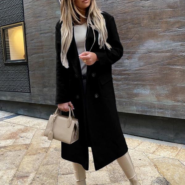 

women's wool & blends winter casual solid coat women long sleeve jacket turn down collar blend outerwear female slim fit lapel coat#f3, Black