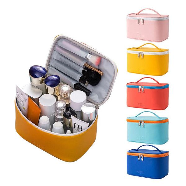

leather waterproof makeup bag handle big make up case travel organizer large capacity women portable cosmetic storage bags & cases