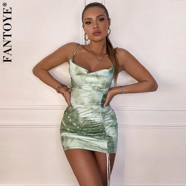 

casual dresses tie-dye spaghetti strap drawstring woman summer backless ruched skinny streetwear fashion mini vestidos wb6r, Black;gray