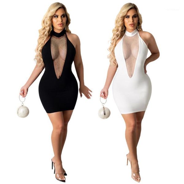 

casual dresses rstylish women halter pencil 2021 summer ladies sleeveless clothes hollow out elegant mesh stitching bodycon dress, Black;gray