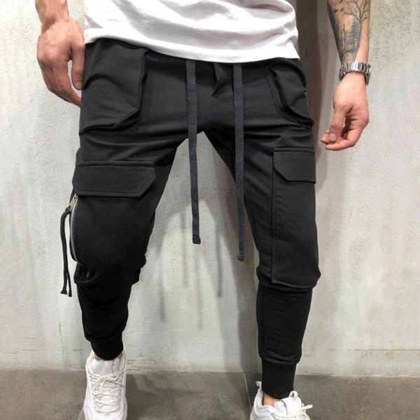 

men's pants wear resistant handsome solid color drawstring men cargo all-match camping multi pockets for, Black