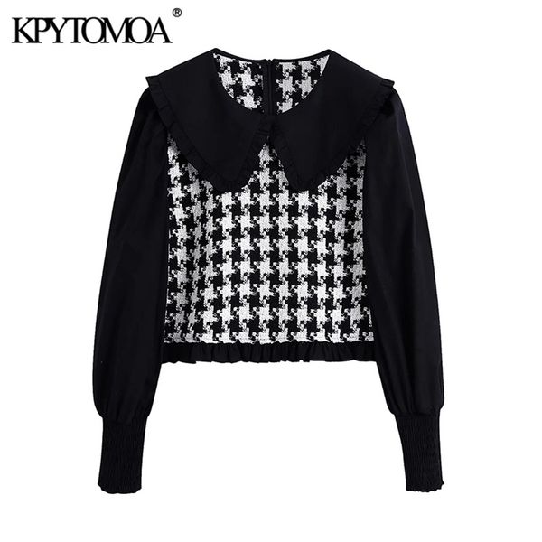 

women fashion patchwork ruffled blouses vintage peter pan collar long sleeve back zipper female shirts chic 210421, White