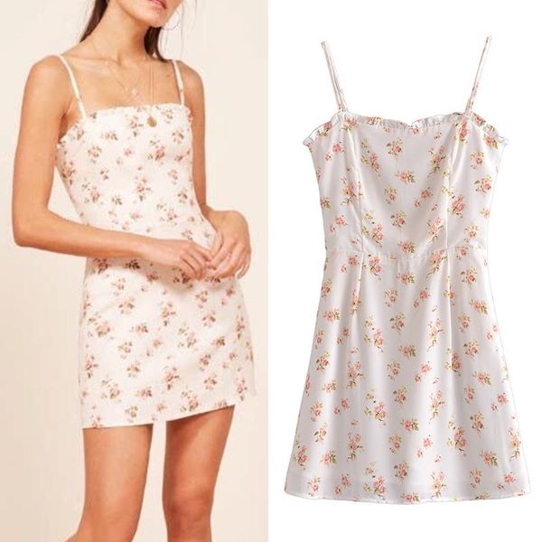 

casual dresses wxwt women french vintage floral print strap dress 2021 summer ladies short sleeve slim was thin mini om7126, Black;gray