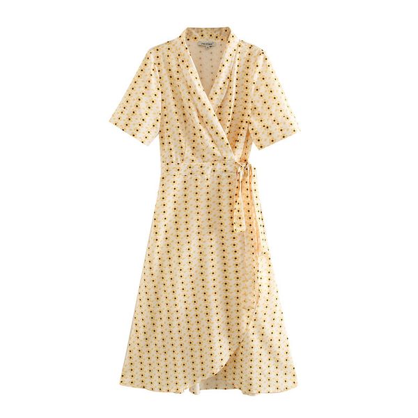 

paris girl summer temperament light yellow daisy floral print v-neck short sleeve french dress vestidos 210524, Black;gray