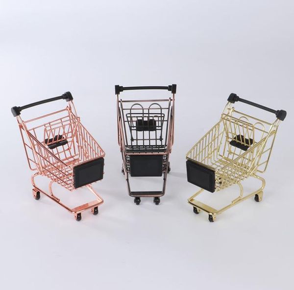 Creative Rose Gold Mini Carrinho De Compras De Armazenamento De Armazenamento Supermercado Golden Carrolley Ferro Metal Trolleys Definir Cesta SN2277