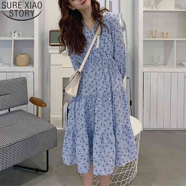 

sweet women floral print chiffon dresses autumn high waist midi dress casual long sleeve ladies vestidos 10862 210417, Black;gray