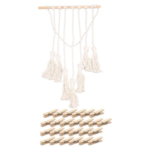 

hooks & rails hanging po display macrame wall pictures organizer home decor, with 25 wood clips