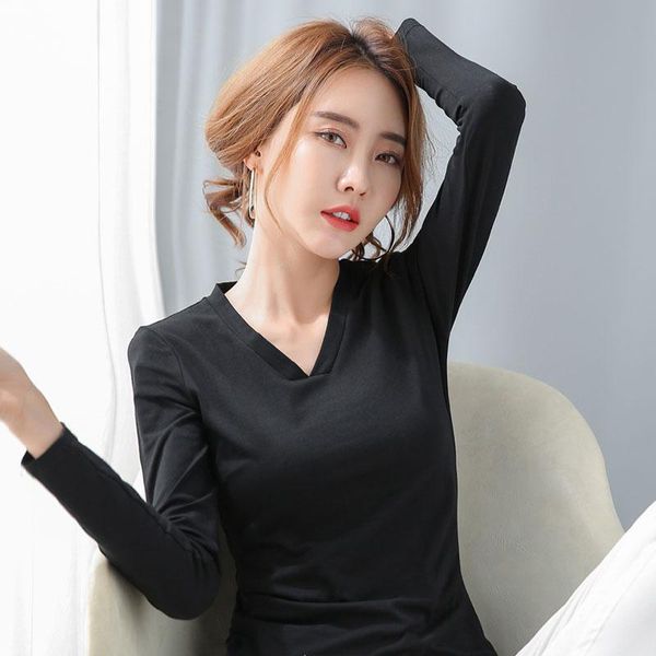 

women's t-shirt volocean 2021 autumn cotton woman t shirt v-nevk t-shirts for women solid female winter long sleeve casual tee, White