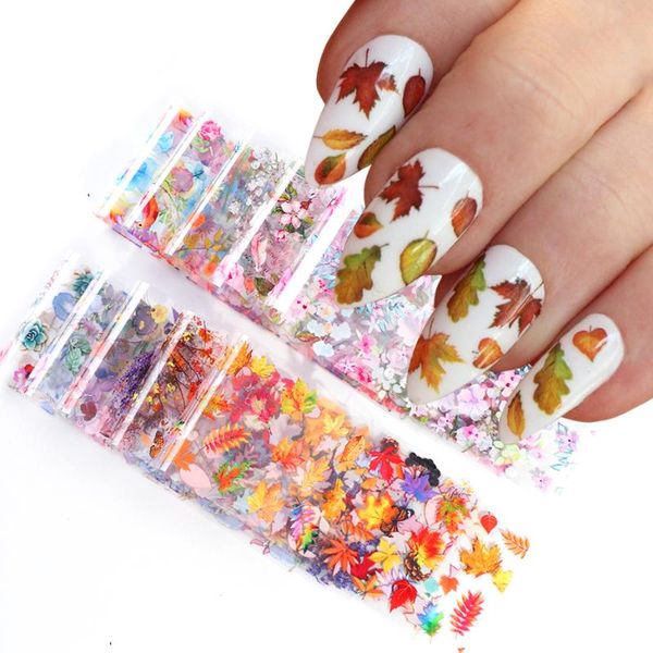 

stickers & decals 10x autumn foils mixed flowers fall foliage nail art transfer decal manicure sliders for nails charm be19132, Black