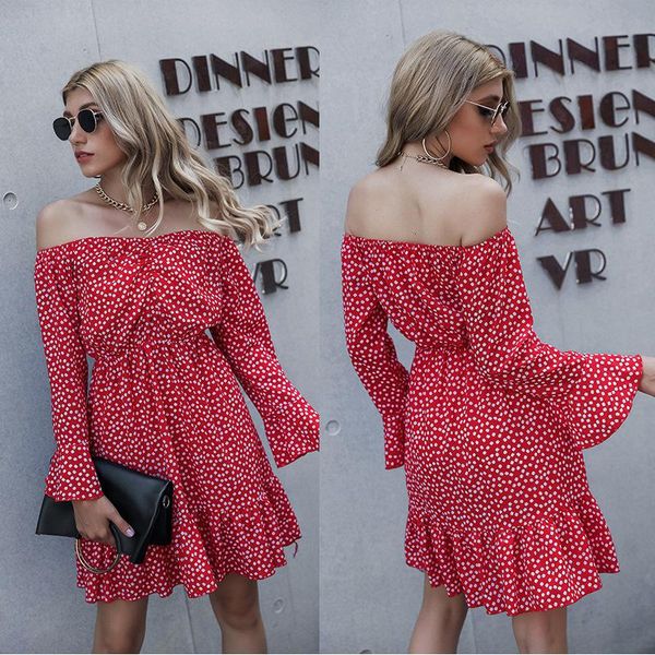 

casual dresses 2021 fashion autumn slash neck dress women ruffles high waist slim dot print off the shoulder for, Black;gray