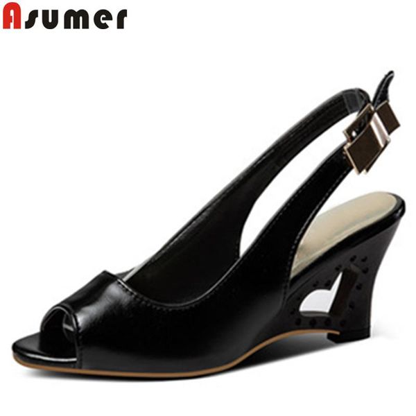 

dress shoes asumer plus size 34-48 summer sandals peep toe buckle high heels elegant prom wedding women wedges 2021, Black
