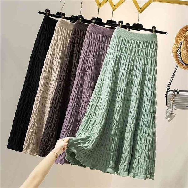 

autumn winter women high waist slim purple knitted skirt simple elastic a-line big swing long 210527, Black