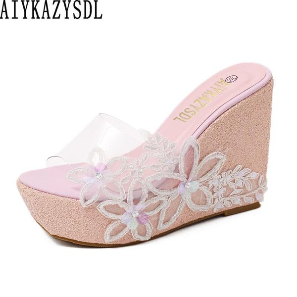 

women bohemia boho sandals lace floral flower wedge high heels crystal transparent clear mules slippers wedding shoes, Black