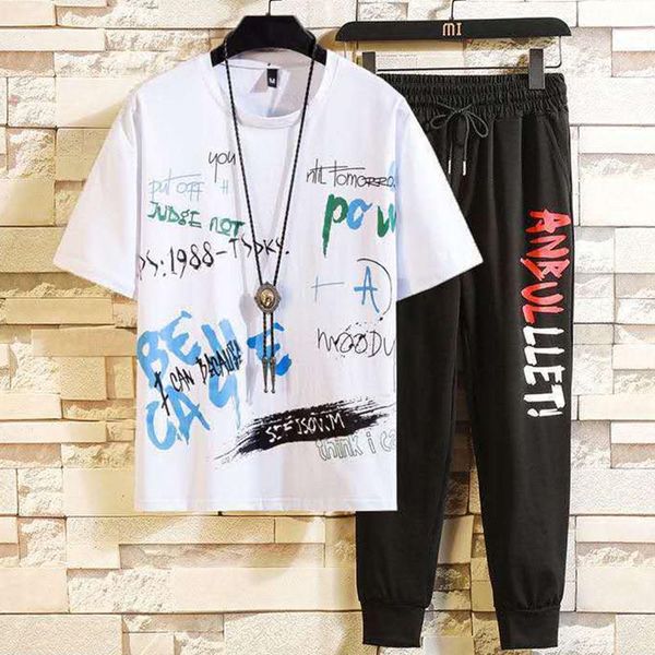 

men's tracksuits printed set 2021 hip-hop streetwear outwear two piece t-shirt and ankle-length fashion pant clothes, Gray