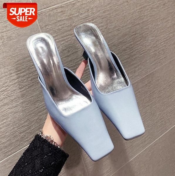 

high-heeled baotou slippers women fashion korean style square head shallow mouth stiletto lazy half drag mules #0i8q, Black