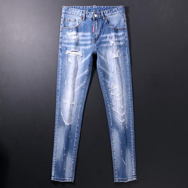 

men's jeans ly streetwear fashion men retro blue elastic slim fit ripped distressed scratch designer hip hop denim pants